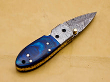 Load image into Gallery viewer, Custom Handmade Damascus Folding-Pocket Knife With Blue Hard Wood Handle
