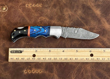 Load image into Gallery viewer, Custom Handmade Damascus Steel Back-Lock Pocket | Folding Knife | Leather Sheath- Different Handle
