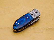 Load image into Gallery viewer, Custom Handmade Damascus Folding-Pocket Knife With Blue Hard Wood Handle
