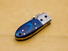 Load image into Gallery viewer, Custom Handmade Damascus Folding-Pocket Knife With Blue Hard Wood Handle
