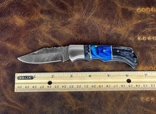 Load image into Gallery viewer, Custom Handmade Damascus Steel Back-Lock Pocket | Folding Knife | Leather Sheath- Different Handle
