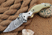 Load image into Gallery viewer, Custom Handmade Damascus Folding-Pocket Knife With Blue White Micarta+Engraved Handle
