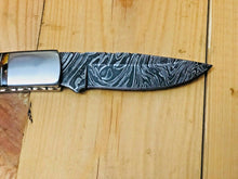Load image into Gallery viewer, Custom Handmade Damascus Steel Back-Lock Pocket | Folding Knife | Leather Sheath- Buffalo Horn Handle
