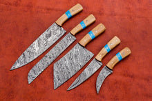 Load image into Gallery viewer, Hs-138 Custom Handmade Damascus Steel 5 Pc&#39;s Chef Set with Turquoise and Wood Handle
