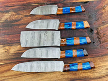 Load image into Gallery viewer, HS-136 &#39;&#39; Custom Handmade Damascus Kitchen Chef knife set, with Sheath, blue Wood Handle
