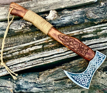 Load image into Gallery viewer, HS-1063 | Custom Handmade Steel Viking Axe, Tomahawk Axe knife With Wood Engraved Handle Daily Carry
