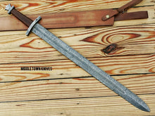 Load image into Gallery viewer, HS-1088 | Handmade Damascus Long Full Tang Viking Sword With Rose Wood Handle.
