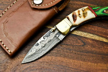 Load image into Gallery viewer, HS Cutlery | Custom Handmade Damascus Steel Blade Liner-Lock Pocket Folding Knife| Ram Horn
