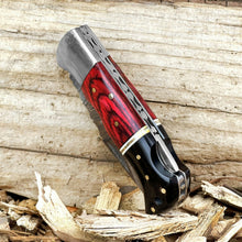Load image into Gallery viewer, Custom Handmade Damascus Steel Back-Lock Pocket | Folding Knife | Leather Sheath- Different Handle
