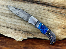 Load image into Gallery viewer, Custom Handmade Damascus Steel Back-Lock Pocket | Folding Knife | Leather Sheath- Different Handle
