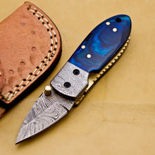 Load image into Gallery viewer, Custom Handmade Damascus Folding-Pocket Knife With Blue Hard Wood Handle

