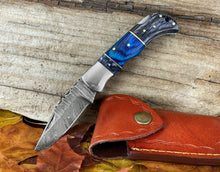 Load image into Gallery viewer, Custom Handmade Damascus Steel Back-Lock Pocket | Folding Knife | Leather Sheath- Different Handle
