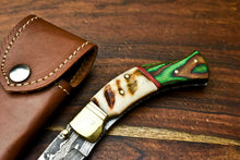 Load image into Gallery viewer, HS Cutlery | Custom Handmade Damascus Steel Blade Liner-Lock Pocket Folding Knife| Ram Horn
