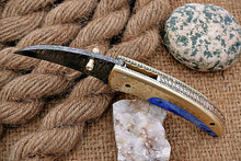 Load image into Gallery viewer, Custom Handmade Damascus Folding-Pocket Knife With Blue Colour Bone+Engraved Handle
