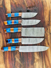 Load image into Gallery viewer, HS-136 &#39;&#39; Custom Handmade Damascus Kitchen Chef knife set, with Sheath, blue Wood Handle
