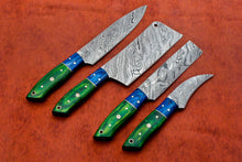 Load image into Gallery viewer, HS-145 Custom Handmade Damascus Steel 4 Pc&#39;s Chef Set with Blue and Green Wood Handlei
