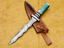 Load image into Gallery viewer, HS-856 CUSTOM DAMASCUS STEEL HUNTING/BOWIE/DAGGER KNIFE HANDLE COLORED BONE WITH SHEATH
