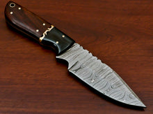 Load image into Gallery viewer, HS-570 HANDMADE DAMASCUS CUSTOM ROSE WOOD/HORN HANDLE SKINNING CAMPING KNIFE
