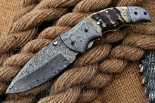 Load image into Gallery viewer, Custom Handmade Damascus Folding-Pocket Knife With Ram Horn Handle

