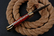 Load image into Gallery viewer, Custom Handmade Damascus Pocket Knife + Engraved Bolster And Wood Handle
