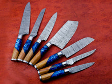 Load image into Gallery viewer, Hs-137 Unique Epoxy and Wooden Handle 7Pc&#39;s Chef Set of Custom Handmade Damascus Steel
