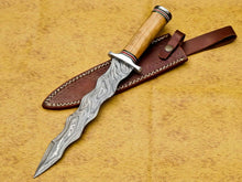 Load image into Gallery viewer, HS-857 CUSTOM DAMASCUS STEEL HUNTING/BOWIE/DAGGER KNIFE HANDLE OLIVE WOOD WITH SHEATH
