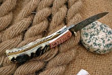 Load image into Gallery viewer, Custom Handmade Damascus Folding-Pocket Knife With Blue Ram Horn+Engraved Handle
