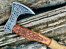 Load image into Gallery viewer, HS-1063 | Custom Handmade Steel Viking Axe, Tomahawk Axe knife With Wood Engraved Handle Daily Carry
