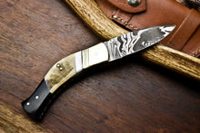 Load image into Gallery viewer, Custom Handmade Damascus Steel Pocket Folding Knife - Beautiful Ram's Horn Handle
