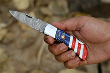 Load image into Gallery viewer, Custom Handmade Damascus Folding-Pocket Knife With American Flag Handle
