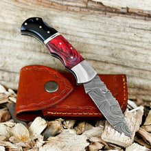 Load image into Gallery viewer, Custom Handmade Damascus Steel Back-Lock Pocket | Folding Knife | Leather Sheath- Different Handle
