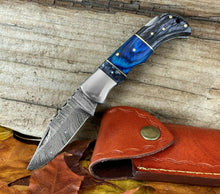 Load image into Gallery viewer, Custom Handmade Damascus Steel Back-Lock Pocket | Folding Knife | Leather Sheath- Different Handle
