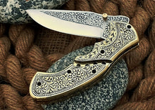 Load image into Gallery viewer, HS Cutlery | Custom Hand Engraved Folding-Pocket Knife Life Time Used With Brass Engraved Handle
