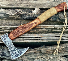 Load image into Gallery viewer, HS-1063 | Custom Handmade Steel Viking Axe, Tomahawk Axe knife With Wood Engraved Handle Daily Carry
