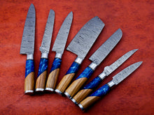 Load image into Gallery viewer, Hs-137 Unique Epoxy and Wooden Handle 7Pc&#39;s Chef Set of Custom Handmade Damascus Steel
