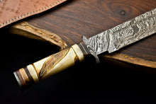 Load image into Gallery viewer, HS-334 | Custom Handmade Damascus Steel Hunitng/Bowie Knife - Engraved Camel Bone Handle
