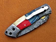 Load image into Gallery viewer, Custom Handmade Damascus Folding-Pocket Knife With Camel Bone &amp; Hard Wood Handle

