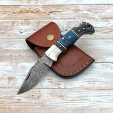 Load image into Gallery viewer, Custom Handmade Damascus Steel Back-Lock Pocket | Folding Knife | Leather Sheath- Different Handle
