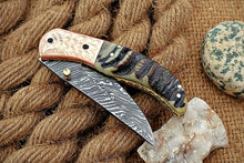 Load image into Gallery viewer, Custom Handmade Damascus Folding-Pocket Knife With Blue Ram Horn+Engraved Handle

