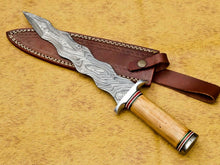 Load image into Gallery viewer, HS-857 CUSTOM DAMASCUS STEEL HUNTING/BOWIE/DAGGER KNIFE HANDLE OLIVE WOOD WITH SHEATH
