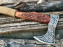 Load image into Gallery viewer, HS-1063 | Custom Handmade Steel Viking Axe, Tomahawk Axe knife With Wood Engraved Handle Daily Carry
