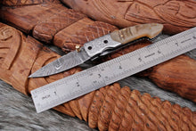 Load image into Gallery viewer, Custom Handmade Damascus Steel Engraved Folding Knife - Ram Horn Handle
