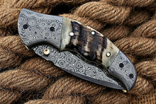 Load image into Gallery viewer, Custom Handmade Damascus Folding-Pocket Knife With Ram Horn Handle
