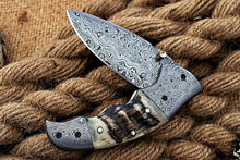 Load image into Gallery viewer, Custom Handmade Damascus Folding-Pocket Knife With Ram Horn Handle
