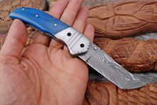 Load image into Gallery viewer, Custom Handmade Damascus Steel Pocket Folding Knife - Beautiful Blue Bone Handle
