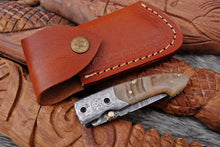 Load image into Gallery viewer, Custom Handmade Damascus Steel Engraved Folding Knife - Ram Horn Handle
