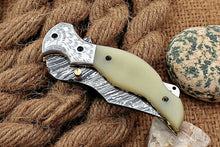 Load image into Gallery viewer, Custom Handmade Damascus Folding-Pocket Knife With Blue White Micarta+Engraved Handle
