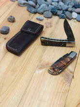 Load image into Gallery viewer, Custom Handmade Damascus Steel Back-Lock Pocket | Folding Knife | Leather Sheath- Buffalo Horn Handle

