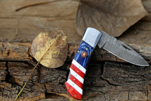 Load image into Gallery viewer, Custom Handmade Damascus Folding-Pocket Knife With American Flag Handle
