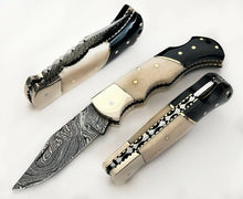 Load image into Gallery viewer, Custom Handmade Damascus Steel Back-Lock Pocket | Folding Knife | Leather Sheath- Different Handle
